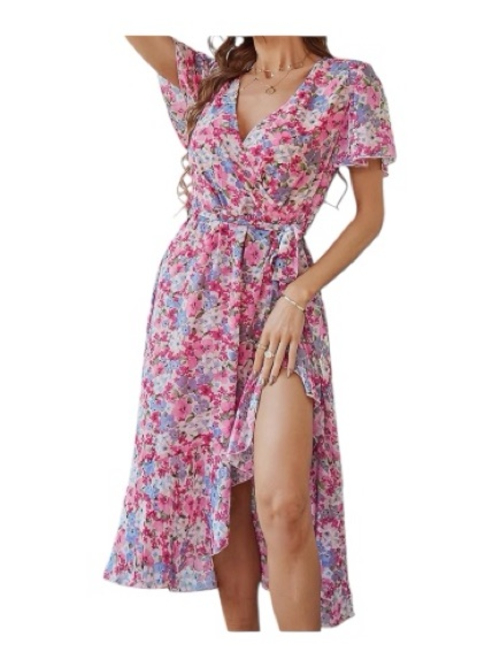 PrettyGarden Pink Floral High-Low Wrap Dress with Tie Waist - Picture 2 of 10